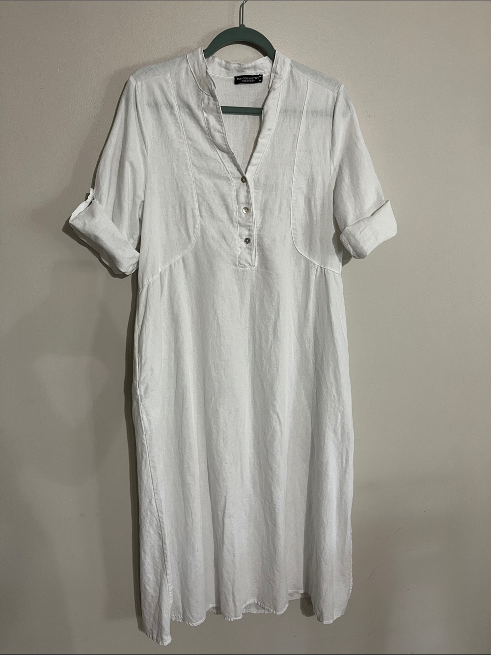 Francesca Bettini Relaxed White Linen and Cotton Henley Midi Dress Made in Italy